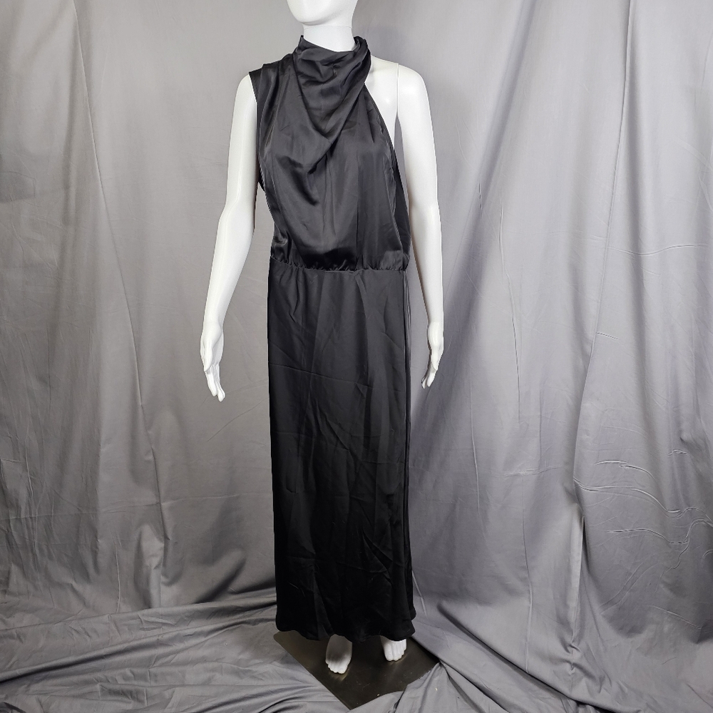 PrettyGarden Women's Black Satin Dress, Asymmetrical Sleeveless, Size Large‎